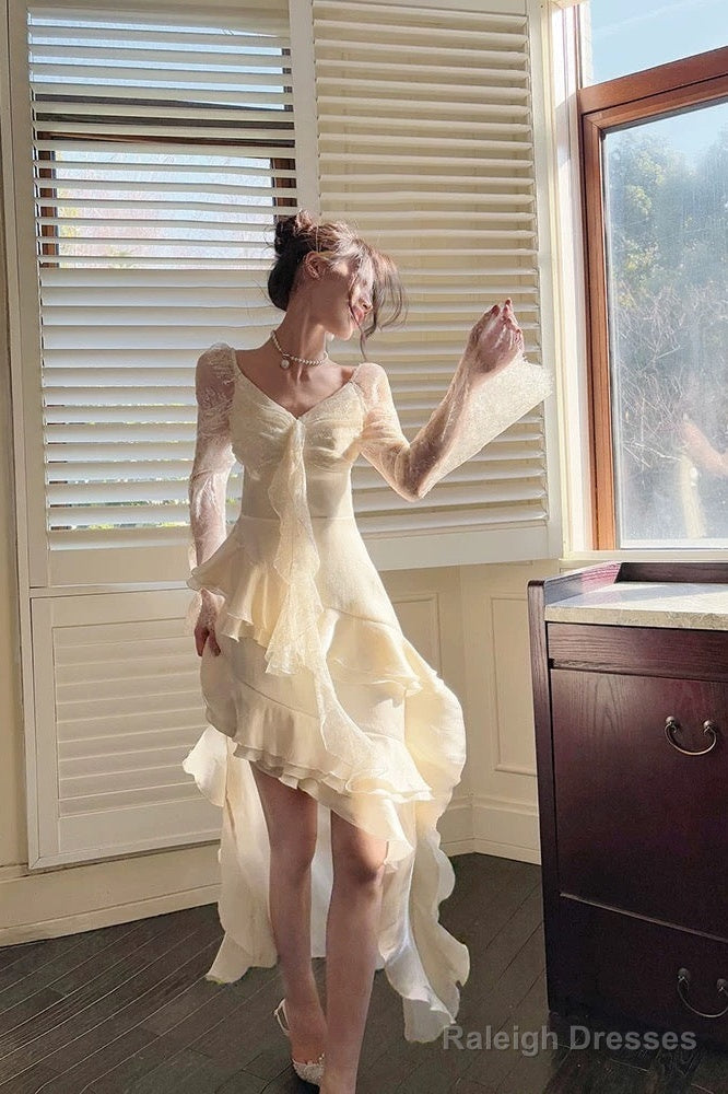 High Low V Neckline White Lace Ruffles Long Prom Dresses Lace Prom Dress