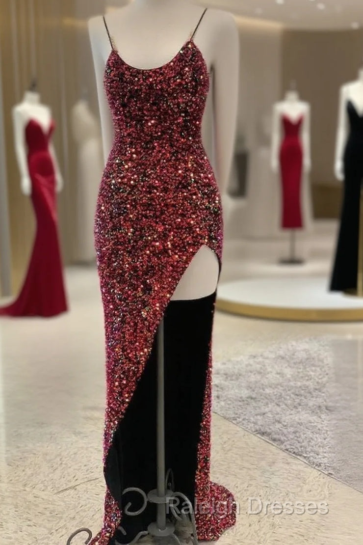 Sexy Iridescent Burgundy Sequin Prom Dresses Straps Glitter Evening Dress Uk Main image