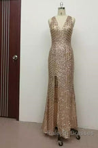 Sexy Leg Split Open Back Mermaid Sequins Prom Dresses
