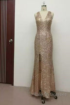 Leg Split Open Back Mermaid Sequins Prom Dress