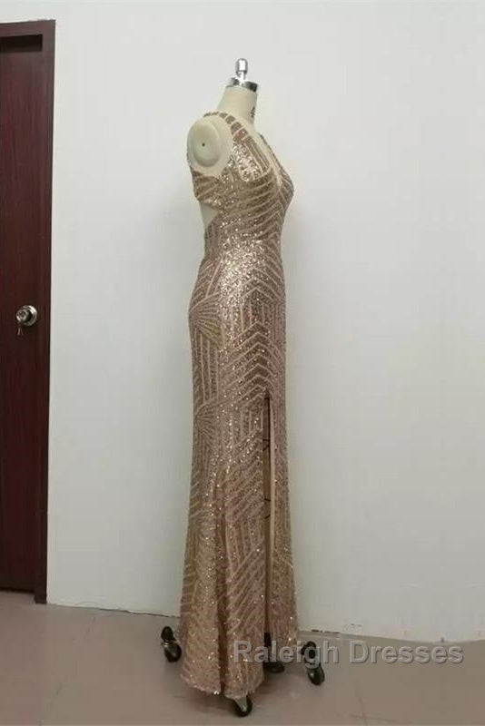 Sexy Leg Split Open Back Mermaid Sequins Prom Dresses