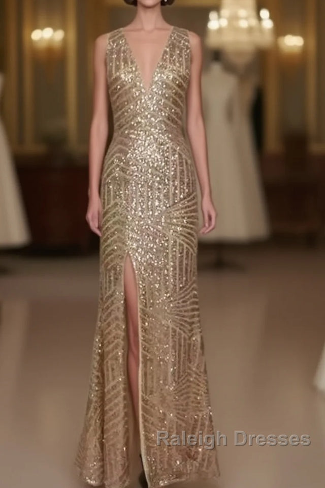 Sexy Leg Split Open Back Mermaid Sequins Prom Dresses