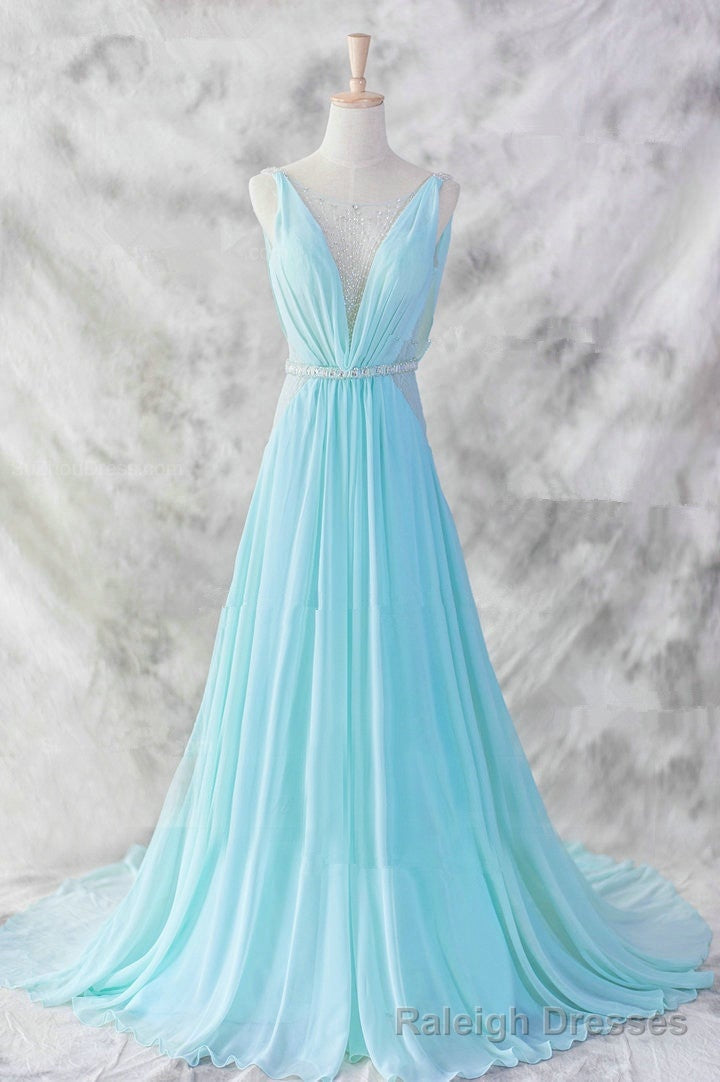 Sexy Light Blue Chiffon Backless Long Evening Gown, Blue Party Dress Main image