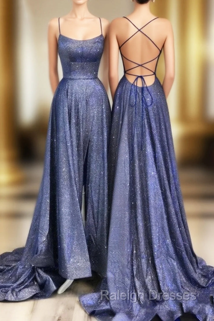 Sexy Long A-line Spaghetti Straps Backless Ruffles Prom Dress with Slit