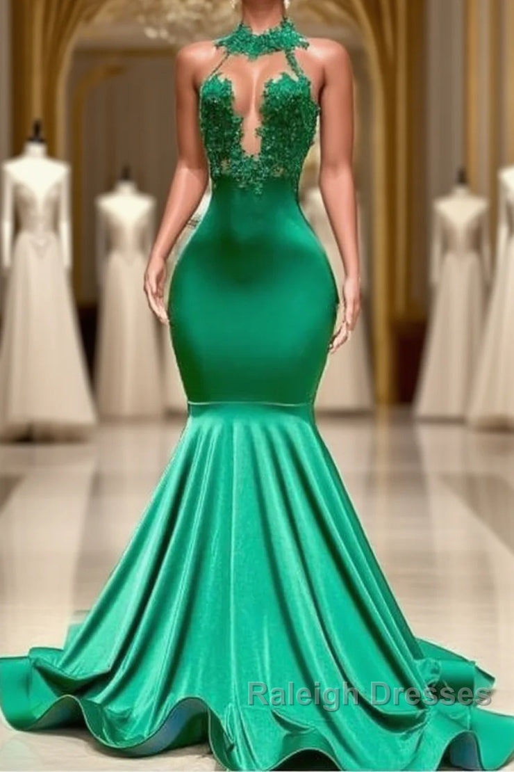 Sexy Long Green Lace Prom Dresses Open Back Mermaid Halter Dress