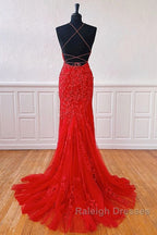 Long Lace Red Prom Dress Open Back
