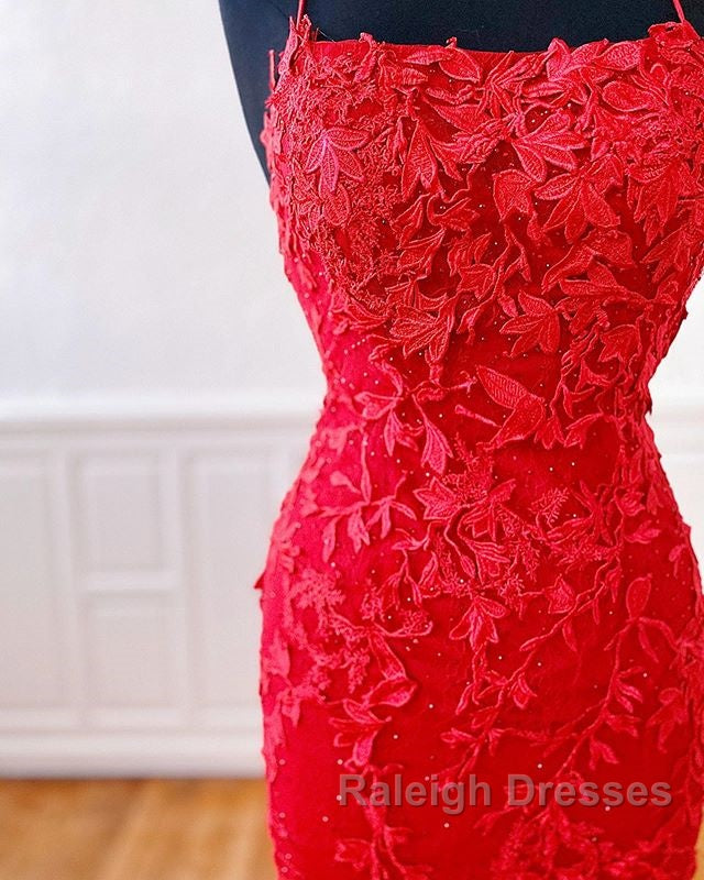 Long Lace Red Prom Dress Open Back