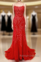 Sexy Long Lace Red Prom Dresses Open Back