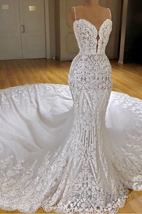 Sexy Long Mermaid V-neck Spaghetti Straps Appliques Lace Wedding Dress Main image