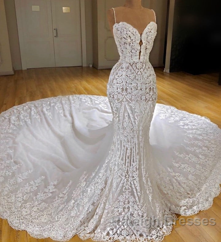 Sexy Long Mermaid V-neck Spaghetti Straps Appliques Lace Wedding Dress Secondary image