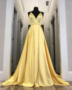 Long Satin V-Neck Prom Dress Split Prom Gown
