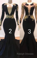 Sexy Long Sleeve Black Gold Prom Dresses  V Neck Appliques Formal Dress