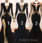 Sexy Long Sleeve Black Gold Prom Dresses  V Neck Appliques Formal Dress