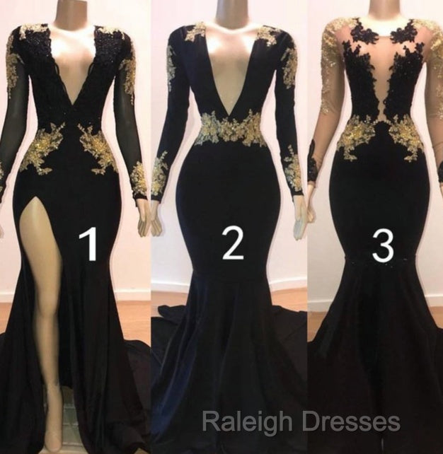 Sexy Long Sleeve Black Gold Prom Dresses  V Neck Appliques Formal Dress