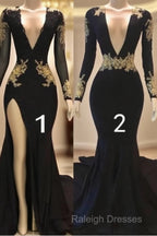 Sexy Long Sleeve Black Gold Prom Dresses  V Neck Appliques Formal Dress