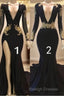 Sexy Long Sleeve Black Gold Prom Dresses  V Neck Appliques Formal Dress