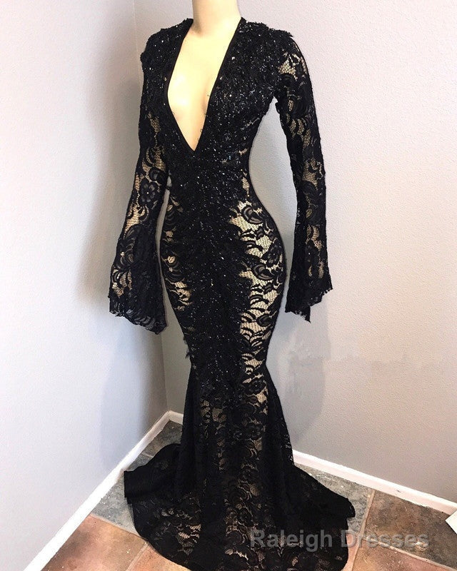 Sexy Long Sleeves Black Mermaid Prom Dress Lace V-neck Long