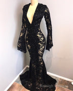 Sexy Long Sleeves Black Mermaid Prom Dress Lace V Neck Long