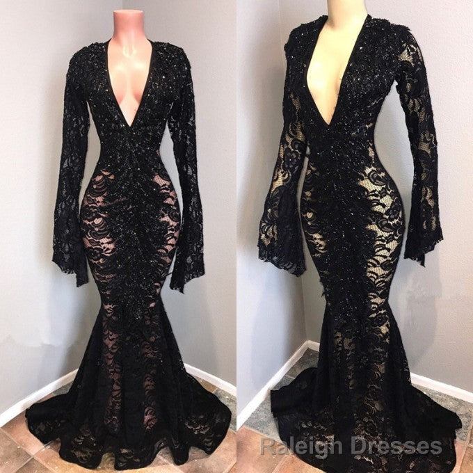 Sexy Long Sleeves Black Mermaid Prom Dress Lace V Neck Long