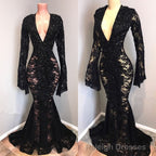 Sexy Long Sleeves Black Mermaid Prom Dress Lace V-neck Long