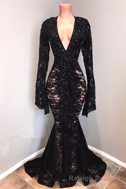 Sexy Long Sleeves Black Mermaid Prom Dress Lace V-neck Long Main image