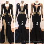 Sexy Long Sleeves Black Mermaid Prom Dress Sequins Long Deep V-neck With Split