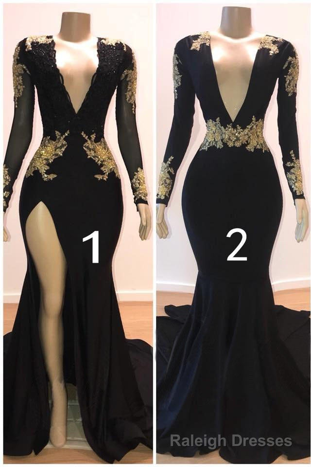 Sexy Long Sleeves Black Mermaid Prom Dress Sequins Long Deep V-neck With Split Main image