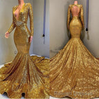 Sexy Long Sleeves Gold Mermaid Prom Dress Sequins V Neck Backless Long