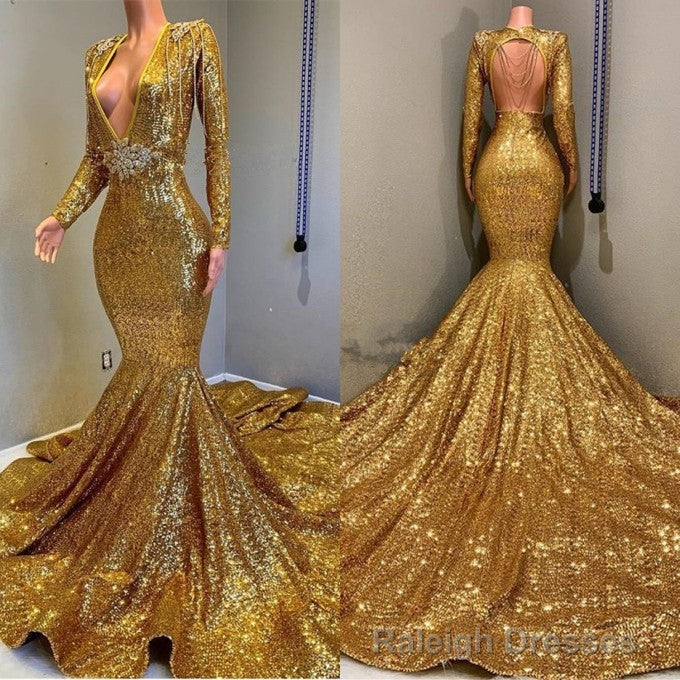 Sexy Long Sleeves Gold Mermaid Prom Dress Sequins V Neck Backless Long