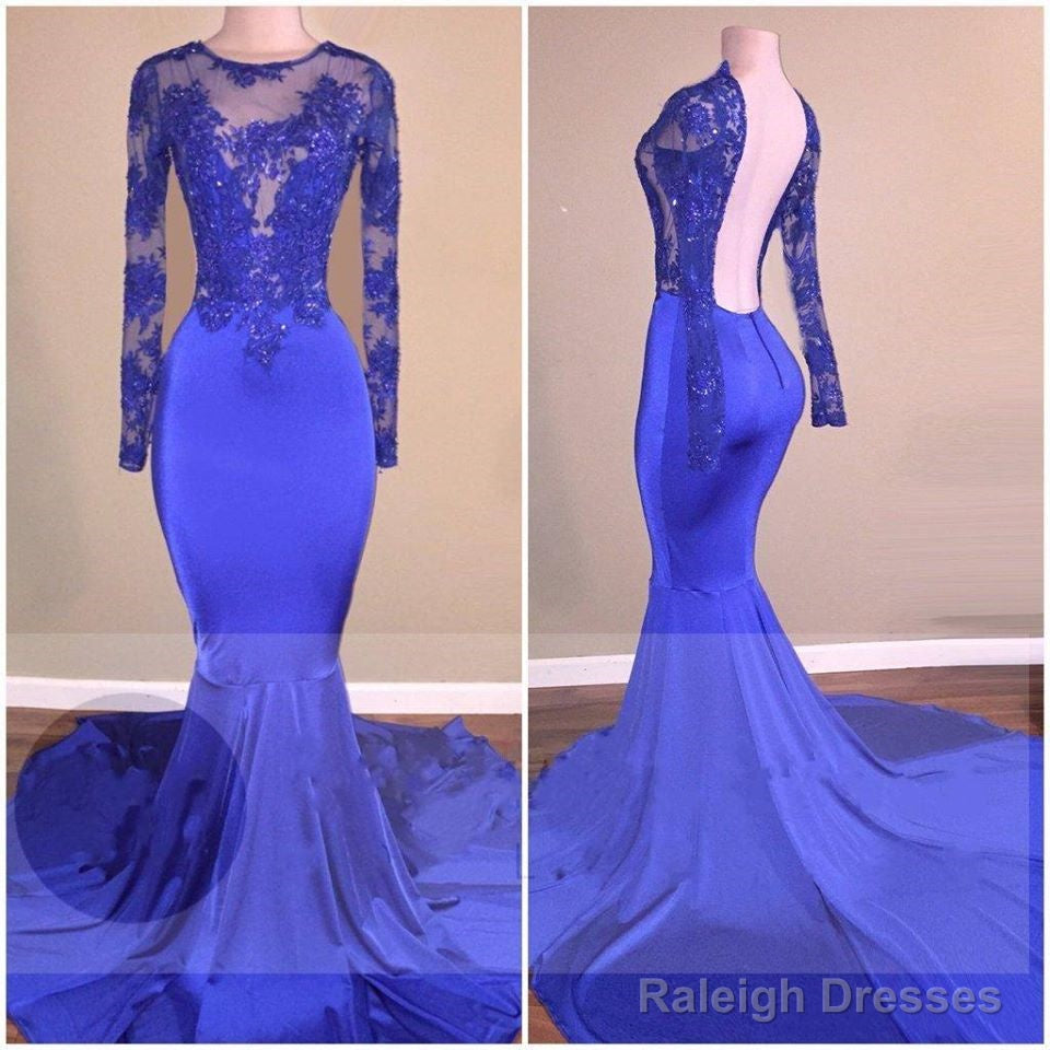 Sexy Long-Sleeves Mermaid Backless Royal-Blue Prom Dresses Main image