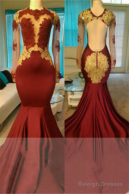 Sexy Long Sleeves Open Back Burgundy Gold Prom Dresses On Sale Secondary image