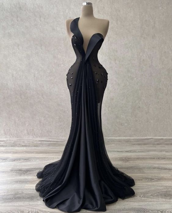 Sexy Mermaid Black Satin Formal Prom Dress Long Main image