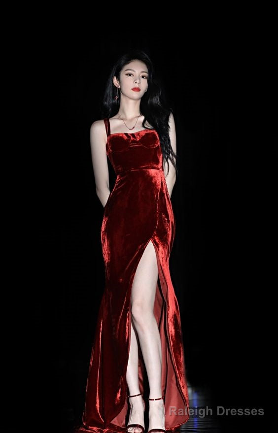 Sexy Mermaid Burgundy Velvet Long Slit Prom Dresses Main image