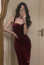 Mermaid Burgundy Velvet Prom Dress