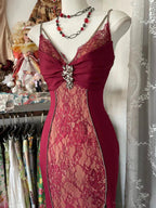 Mermaid Spaghetti Straps Red Lace Prom Dress Long Prom Dresses