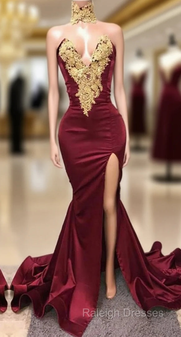 Mermaid Front-Split Lace High Neck Burgundy Prom Dress Main image