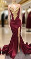 Mermaid Front-Split Lace High Neck Burgundy Prom Dress