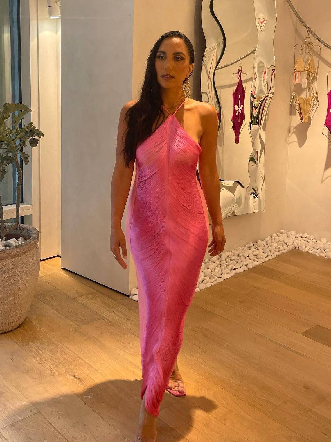 Mermaid Halter Hot Pink Long Prom Dress