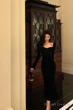 Mermaid Halter Long Sleeves Velvet Black Prom Dress Birthday Outfits
