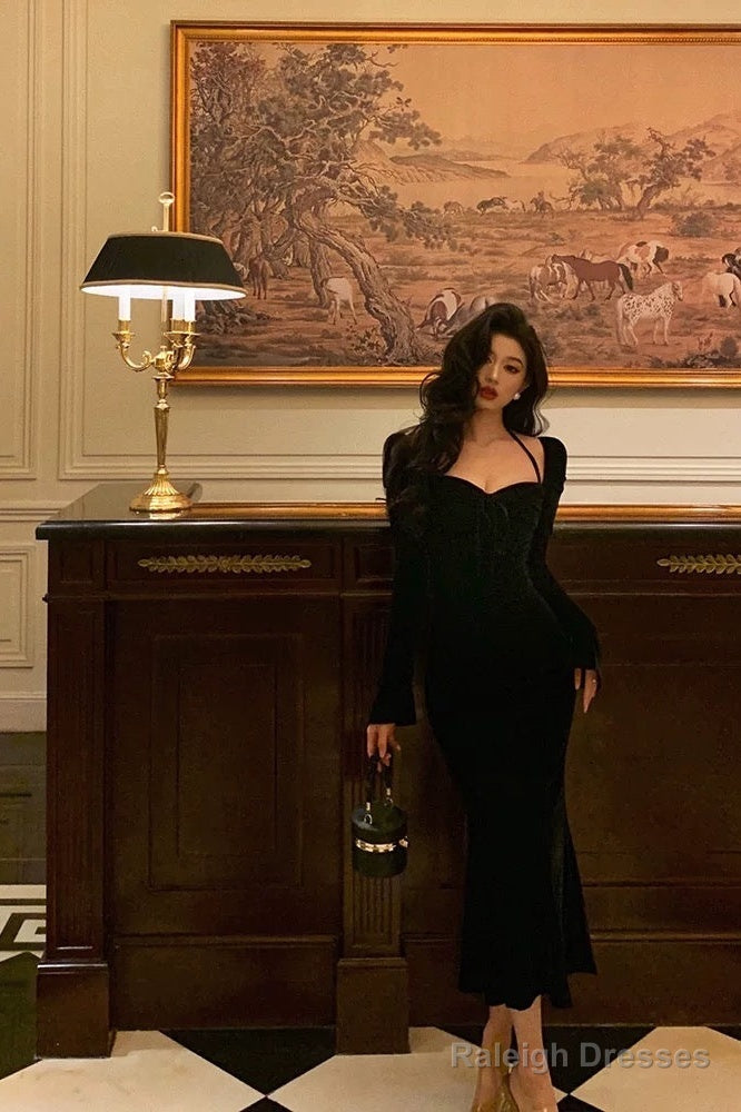 Mermaid Halter Long Sleeves Velvet Black Prom Dress Birthday Outfits