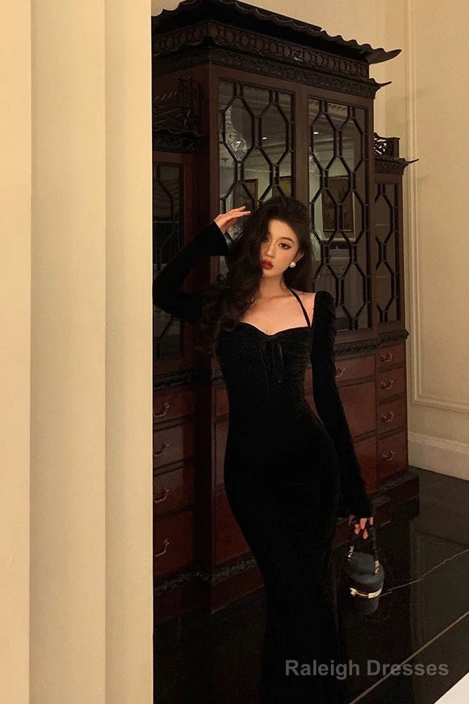 Mermaid Halter Long Sleeves Velvet Black Prom Dress Birthday Outfits