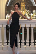 Mermaid Halter Neckline Black Satin Slit Prom Dress Birthday Outfits