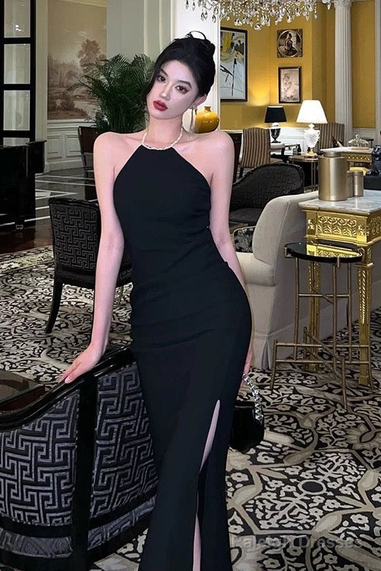 Mermaid Halter Neckline Black Satin Slit Prom Dress Birthday Outfits