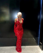 Mermaid Halter Red Sequin Prom Dresses Long With Gloves