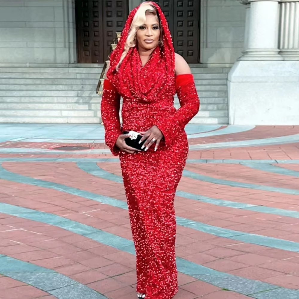 Mermaid Halter Red Sequin Prom Dresses Long With Gloves