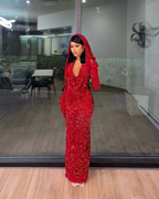 Mermaid Halter Red Sequin Prom Dresses Long With Gloves