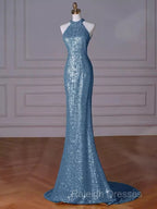Sexy Mermaid Halter Sequin Blue Floor Length Prom Dress