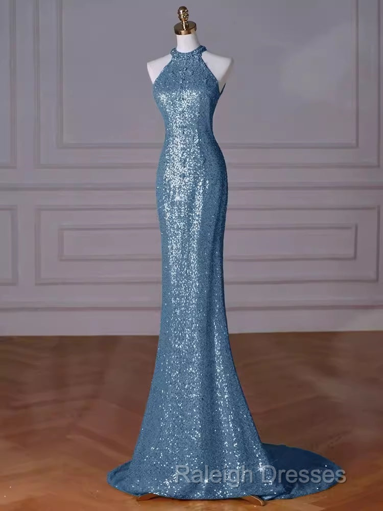Sexy Mermaid Halter Sequin Blue Floor Length Prom Dress