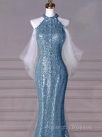 Sexy Mermaid Halter Sequin Blue Floor Length Prom Dress