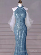 Mermaid Halter Sequin Blue Floor Length Prom Dresses